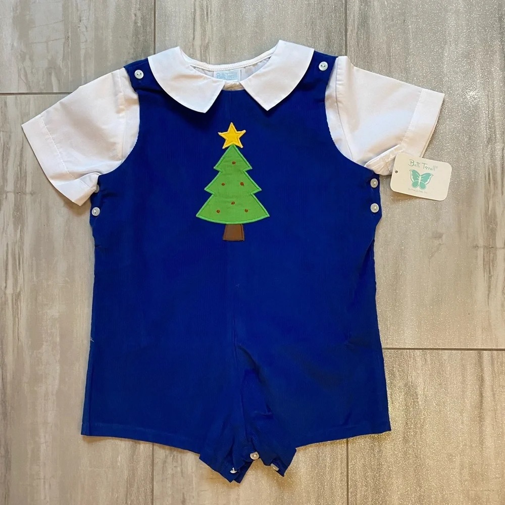 NWT Betti Terrell Vibrant Blue Corduroy Boys Christmas Tree Shortall Romper, 3